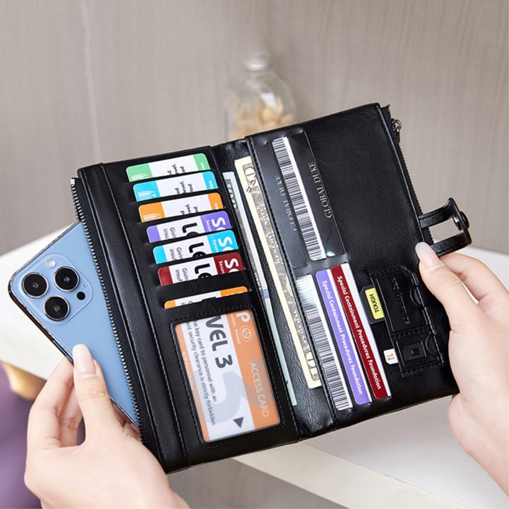 Mobil lommebok i kunstskinn med kortholdere og glidelåslommer (maks. mobil: 185 x 95 x 20 mm) - svart