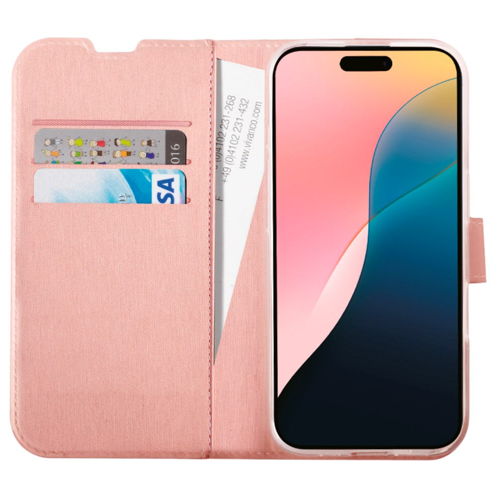 iPhone 16 Vivanco Classic Wallet Leather Flip Cover m. Lommebok - Rose gull
