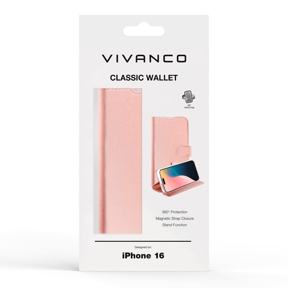 iPhone 16 Vivanco Classic Wallet Leather Flip Cover m. Lommebok - Rose gull