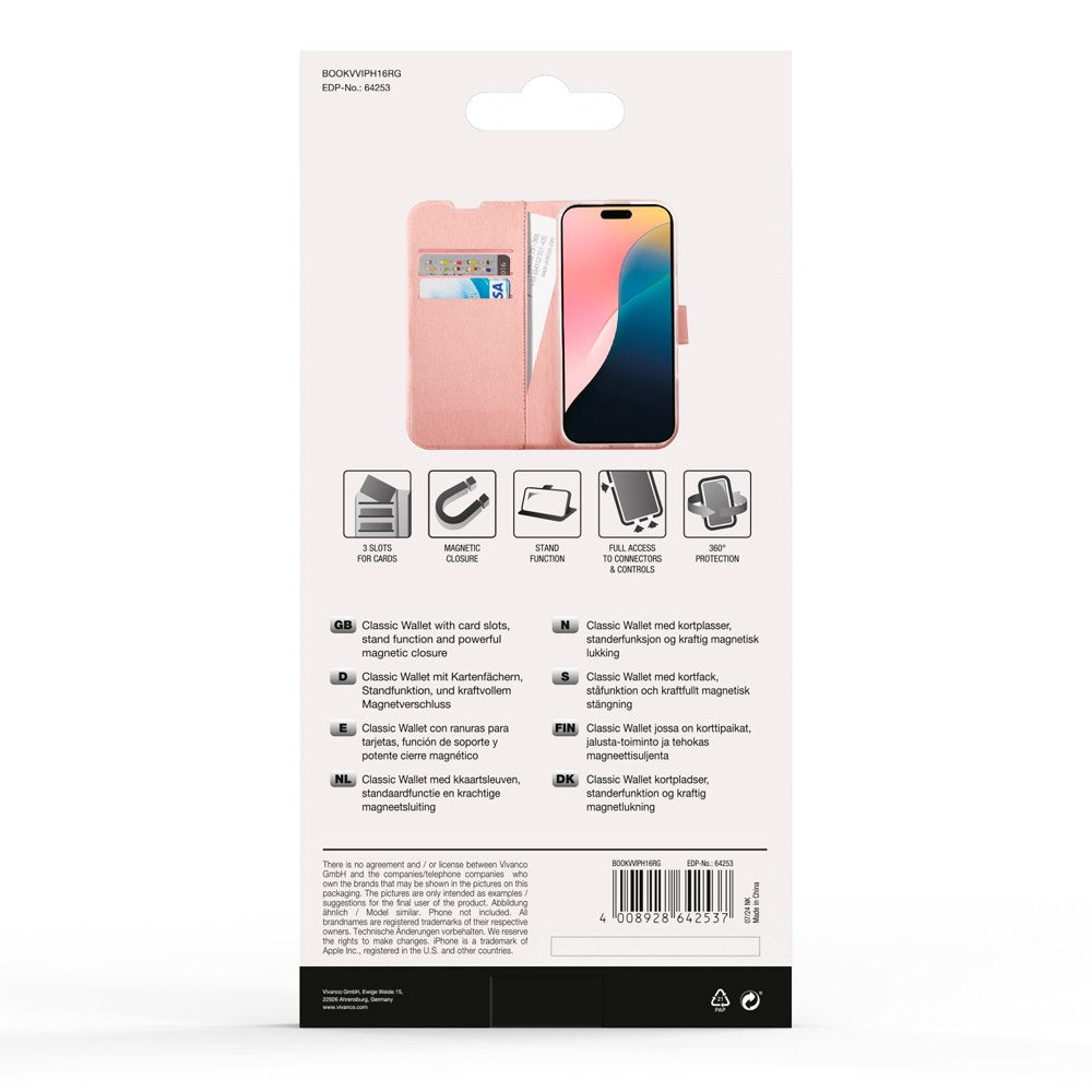 iPhone 16 Vivanco Classic Wallet Leather Flip Cover m. Lommebok - Rose gull