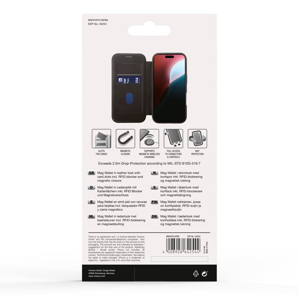 iPhone 16 Pro Vivanco Classic Wallet Leather Flip Cover m. Lommebok - MagSafe-kompatibel - Svart