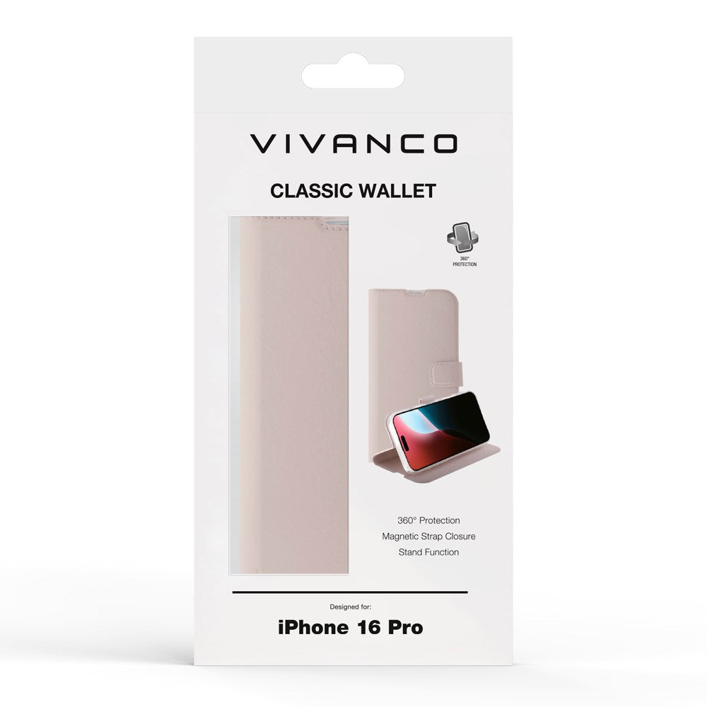 iPhone 16 Pro Vivanco Classic Wallet Leather Flip Cover m. Lommebok - Greige
