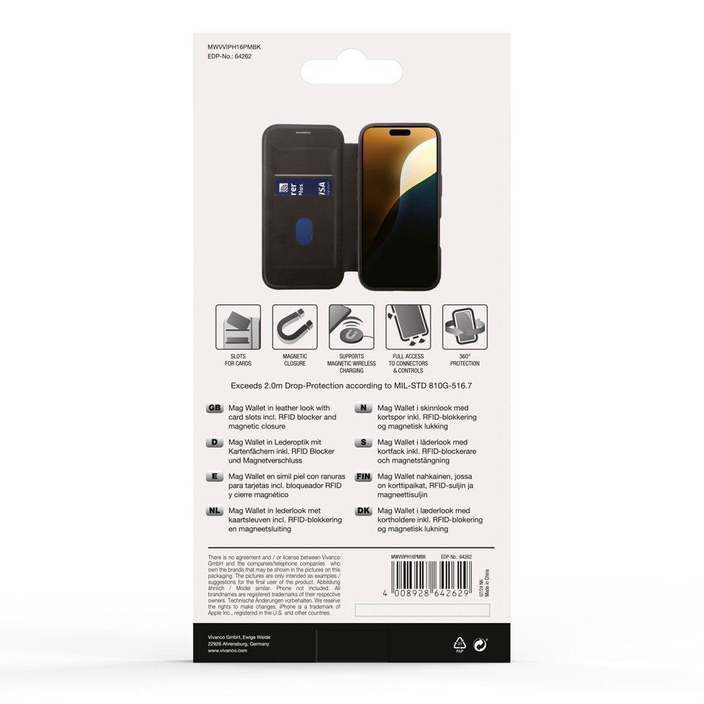iPhone 16 Pro Max Vivanco Classic Wallet Leather Flip Cover m. Lommebok - MagSafe-kompatibel - Svart