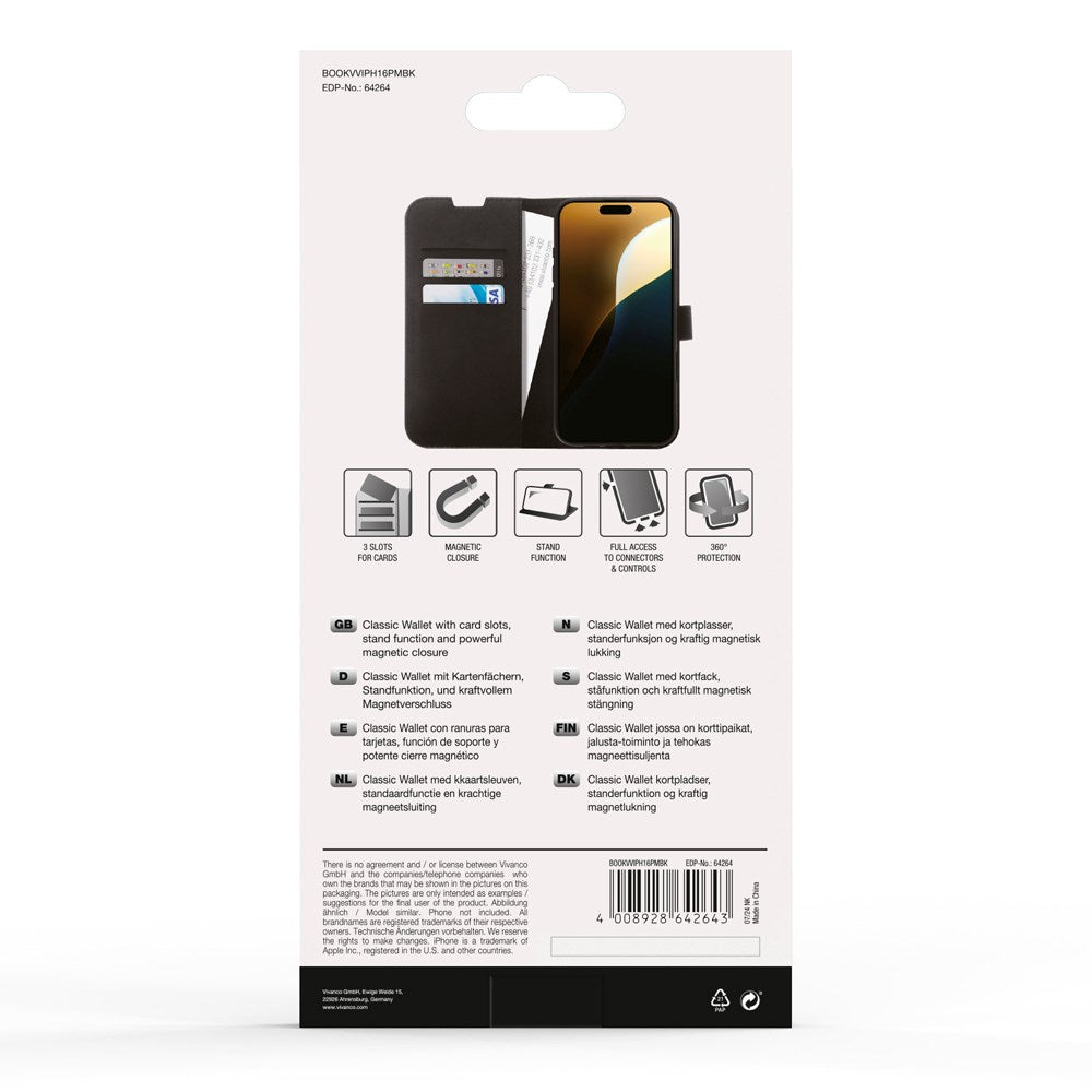 iPhone 16 Pro Max Vivanco Classic Wallet Leather Flip Cover m. Lommebok - Svart