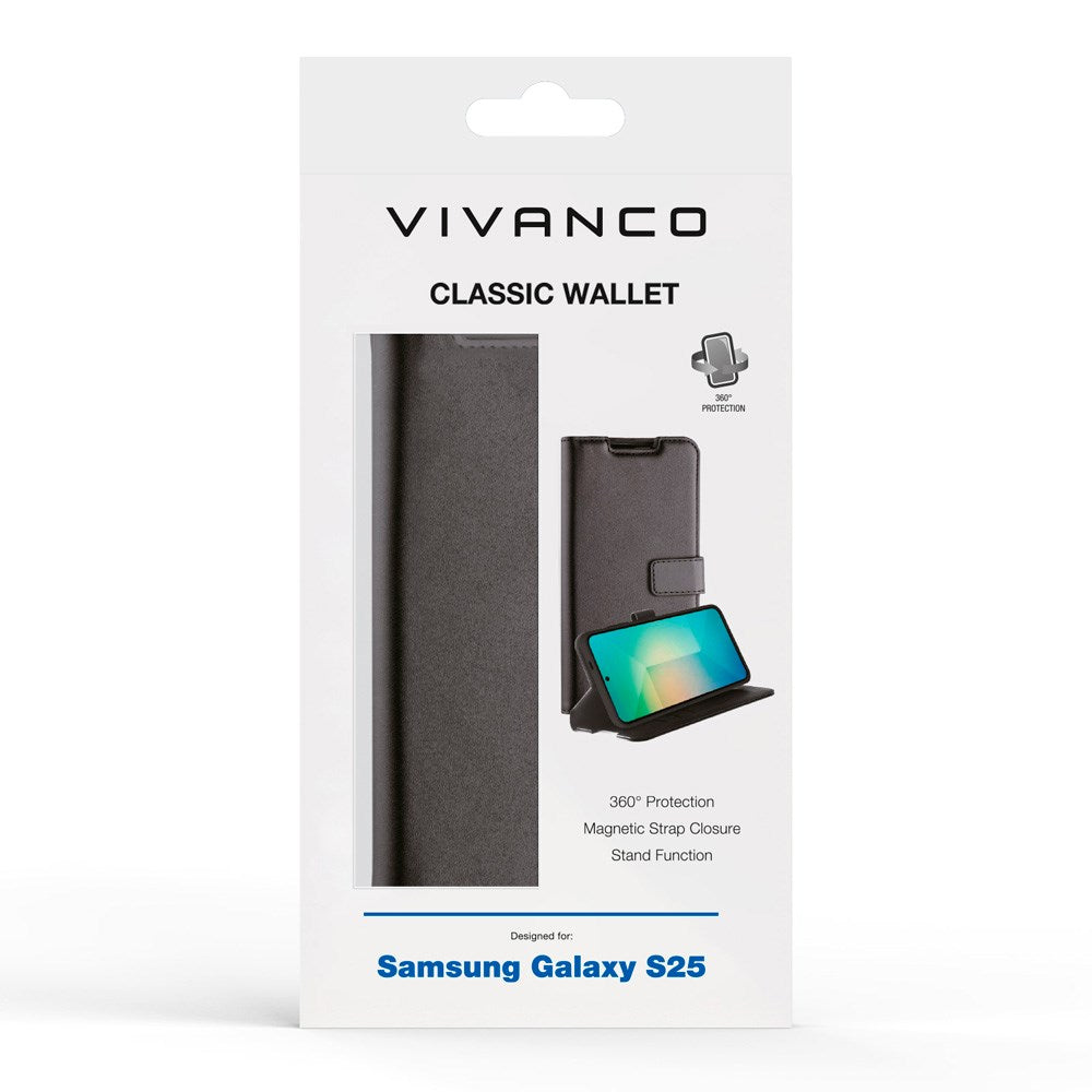 Samsung Galaxy S25 Vivanco Classic Wallet Flip Cover m. Kortholder - Sort