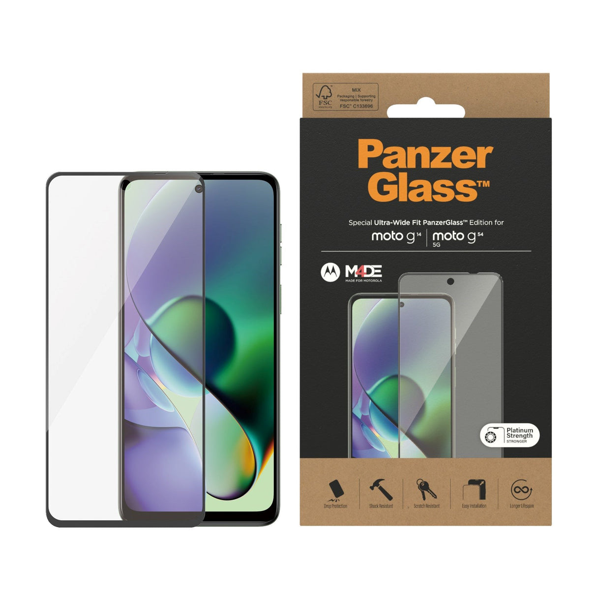 Motorola Moto G14 / G54 PanzerGlass Ultra Wide Fit skjermbeskytter - platinastyrke - svart kant