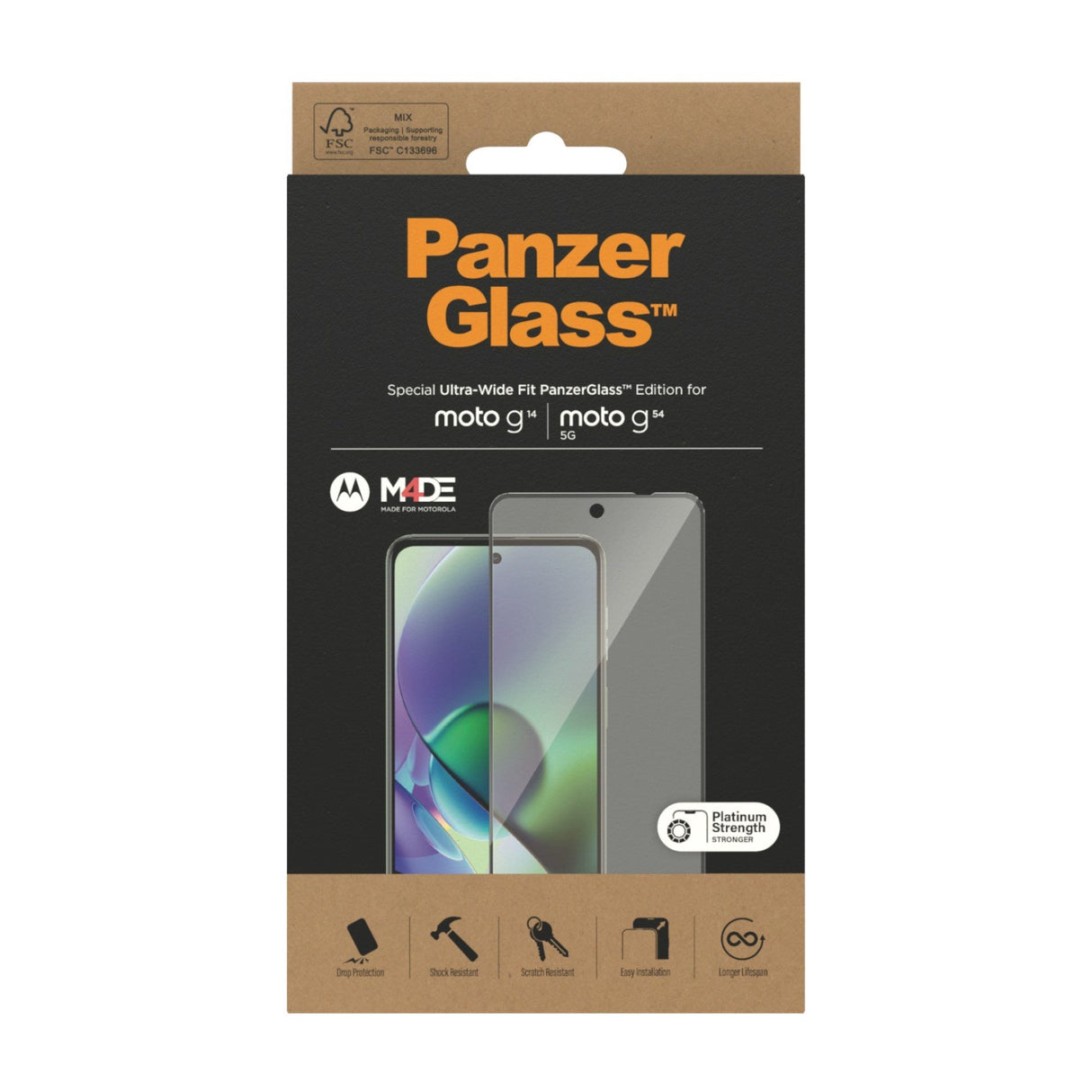 Motorola Moto G14 / G54 PanzerGlass Ultra Wide Fit skjermbeskytter - platinastyrke - svart kant