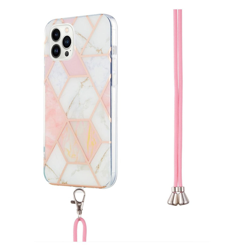 iPhone 14 Pro Fleksibel Plastik Bagside Cover m. Snor - Marmor - Pink & Hvid