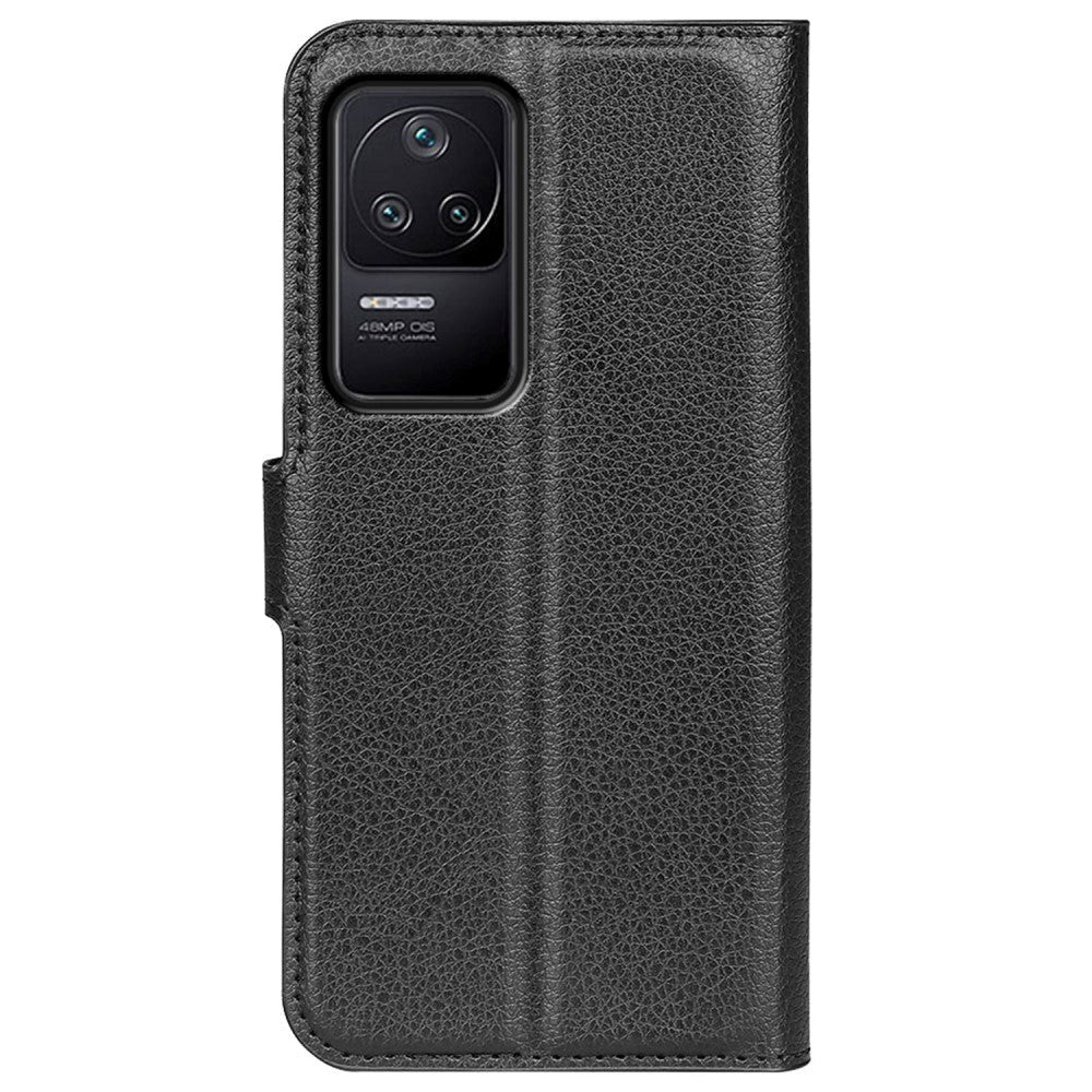 Xiaomi Poco F4 Litchi Leather Flip Cover m. Lommebok - Svart