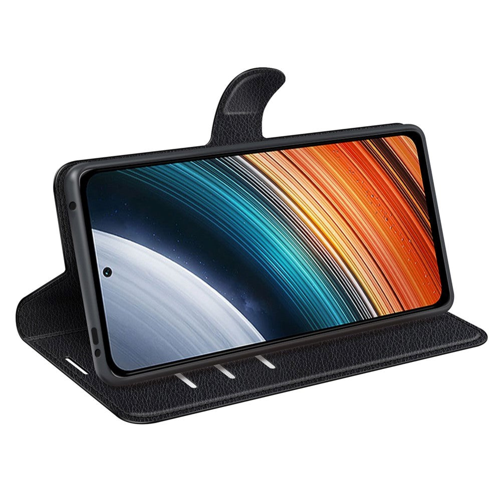 Xiaomi Poco F4 Litchi Leather Flip Cover m. Lommebok - Svart