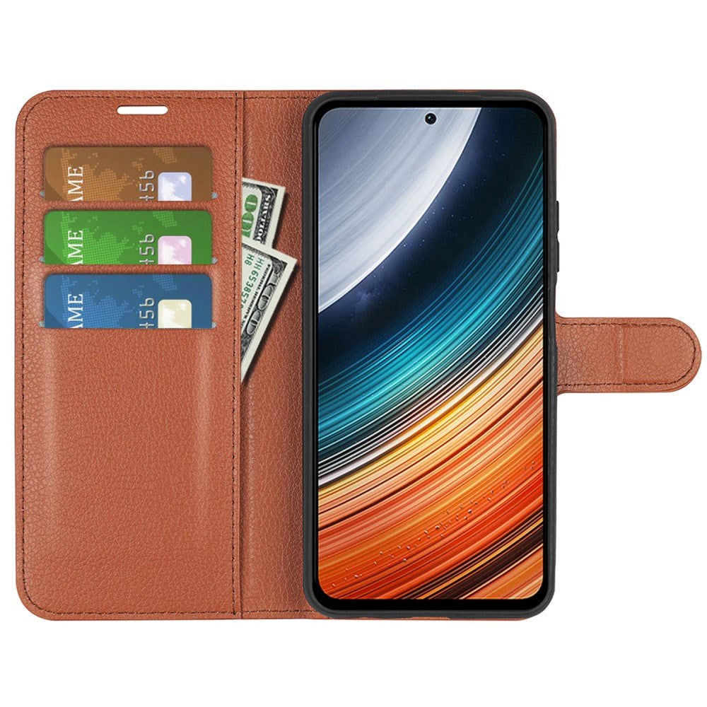 Xiaomi Poco F4 Litchi Leather Flip Cover m. Lommebok - Brun