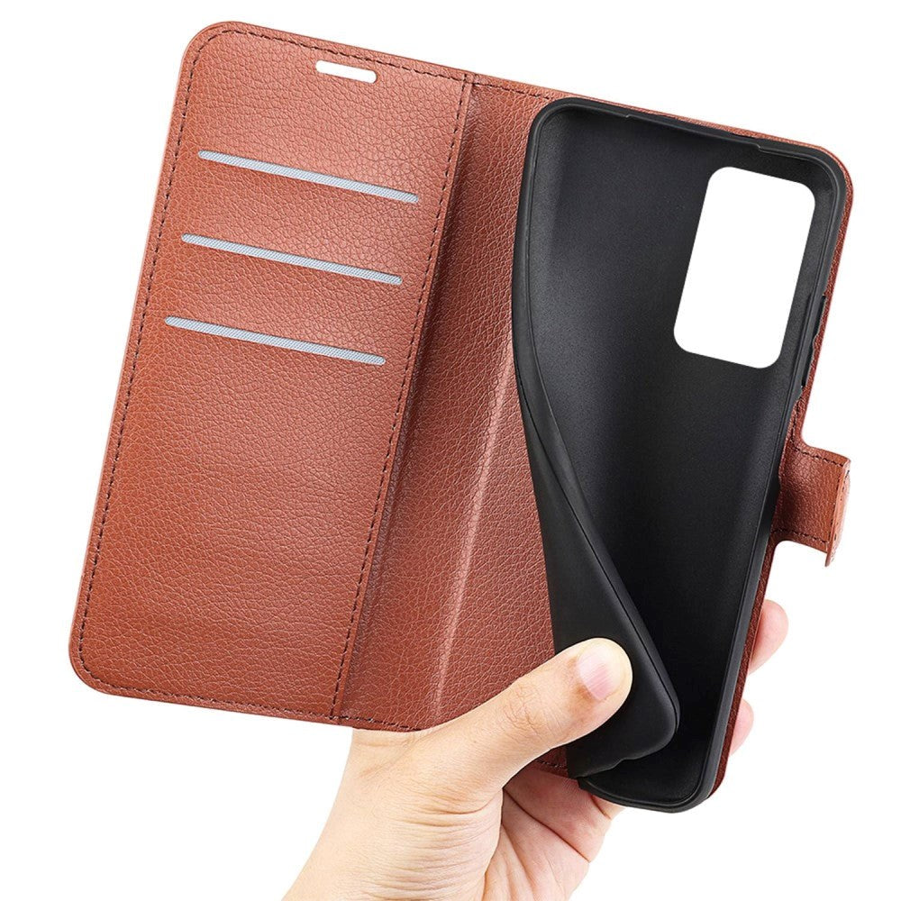 Xiaomi Poco F4 Litchi Leather Flip Cover m. Lommebok - Brun