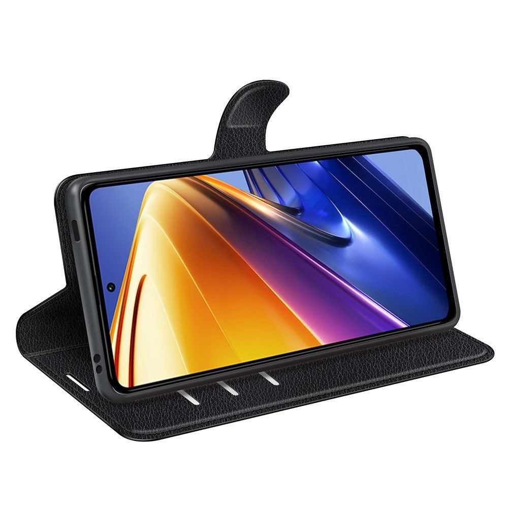 Xiaomi Poco F4 GT Litchi Leather Flip Cover m. Lommebok - Svart