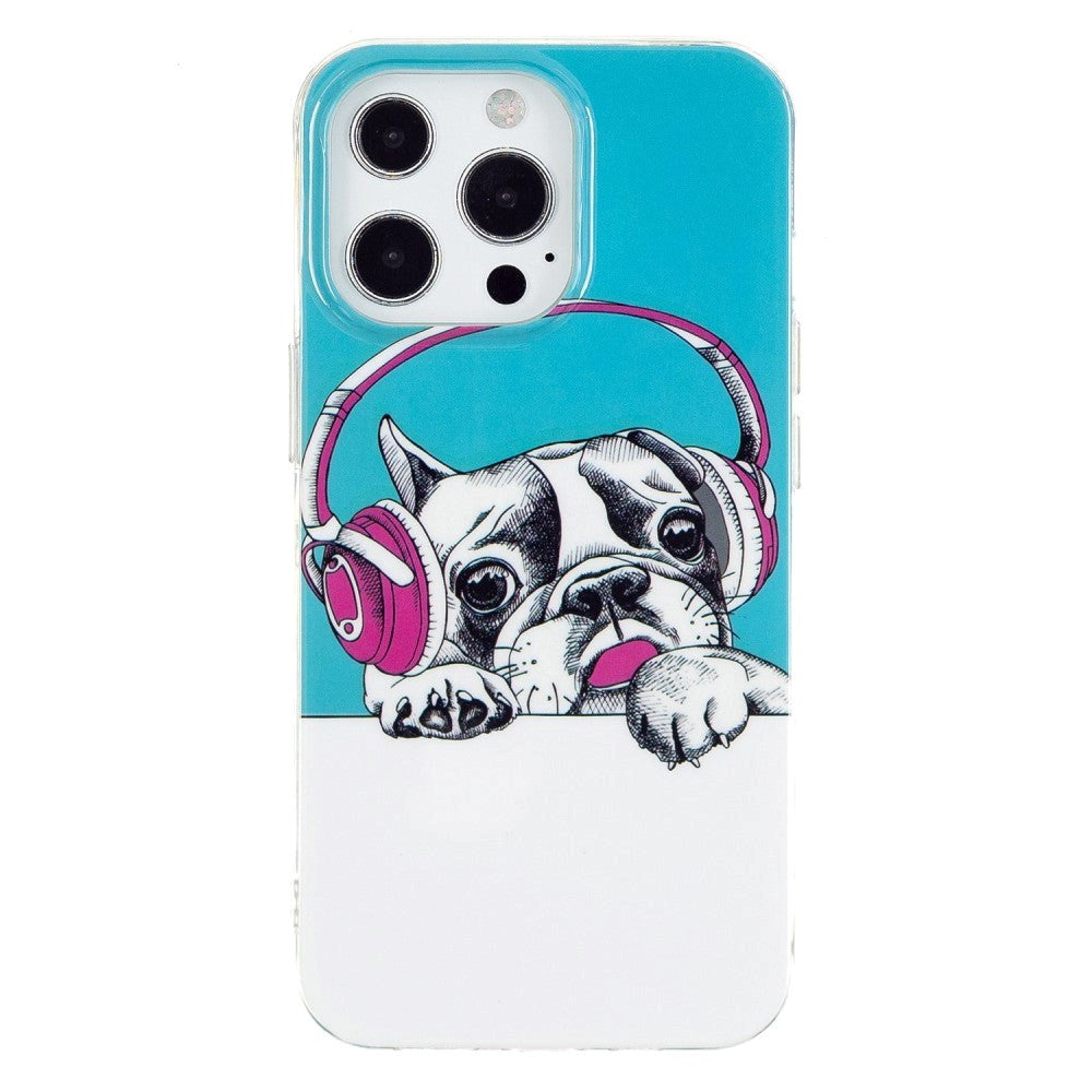 iPhone 14 Pro Fleksibelt TPU Plast Bagside Cover - Hund med Høretelefoner