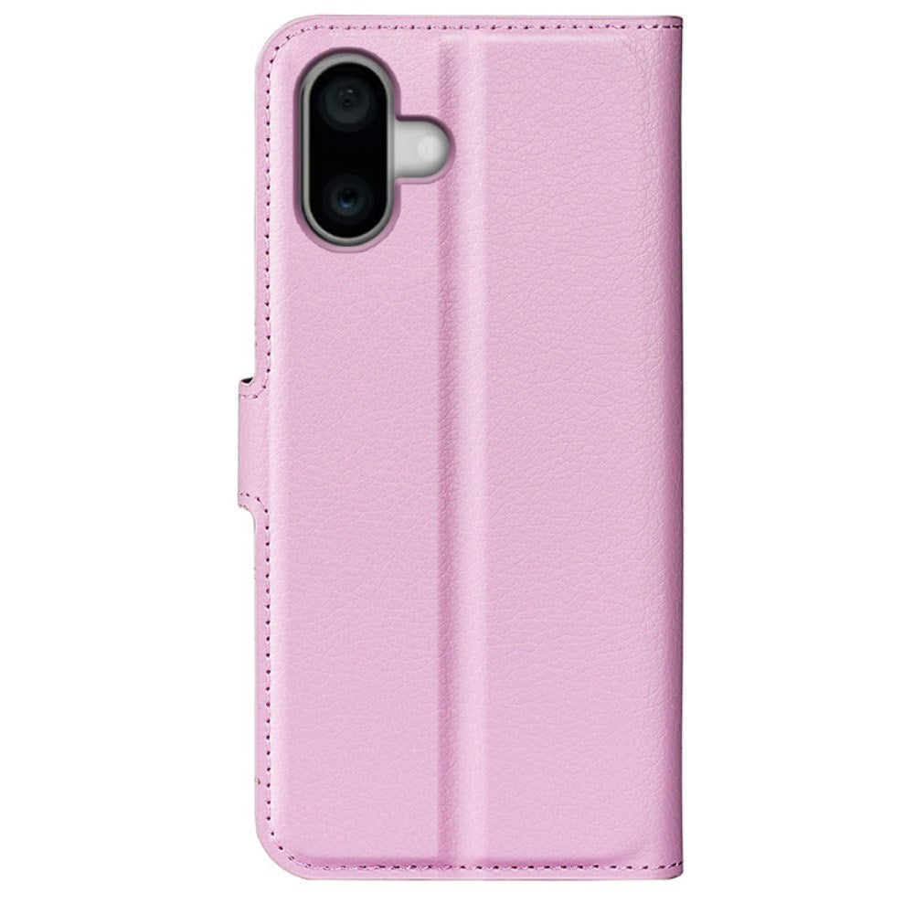 EIDERWOOD iPhone 16 Plus Litchi Leather Flip Cover m. Lommebok - Rosa