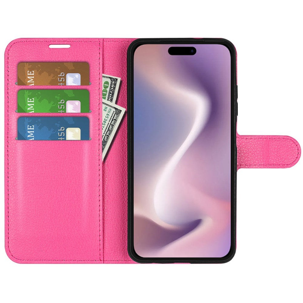 EIDERWOOD iPhone 16 Litchi Leather Flip Cover m. Lommebok - Rosa