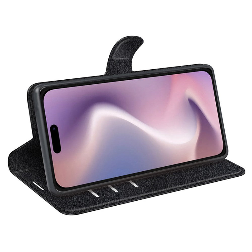 EIDERWOOD iPhone 16 Litchi Leather Flip Cover m. Lommebok - Svart