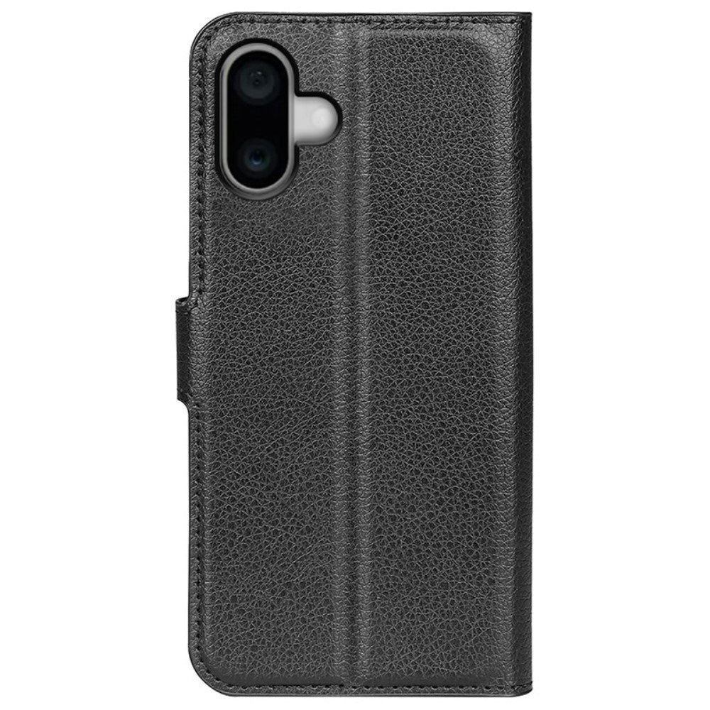 EIDERWOOD iPhone 16 Litchi Leather Flip Cover m. Lommebok - Svart