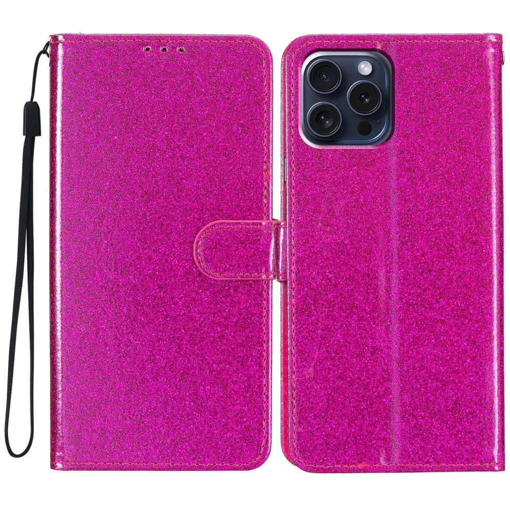 EIDERWOOD iPhone 16 Pro Leather Flip Cover m. Lommebok og stropp - Glitter - Rosa