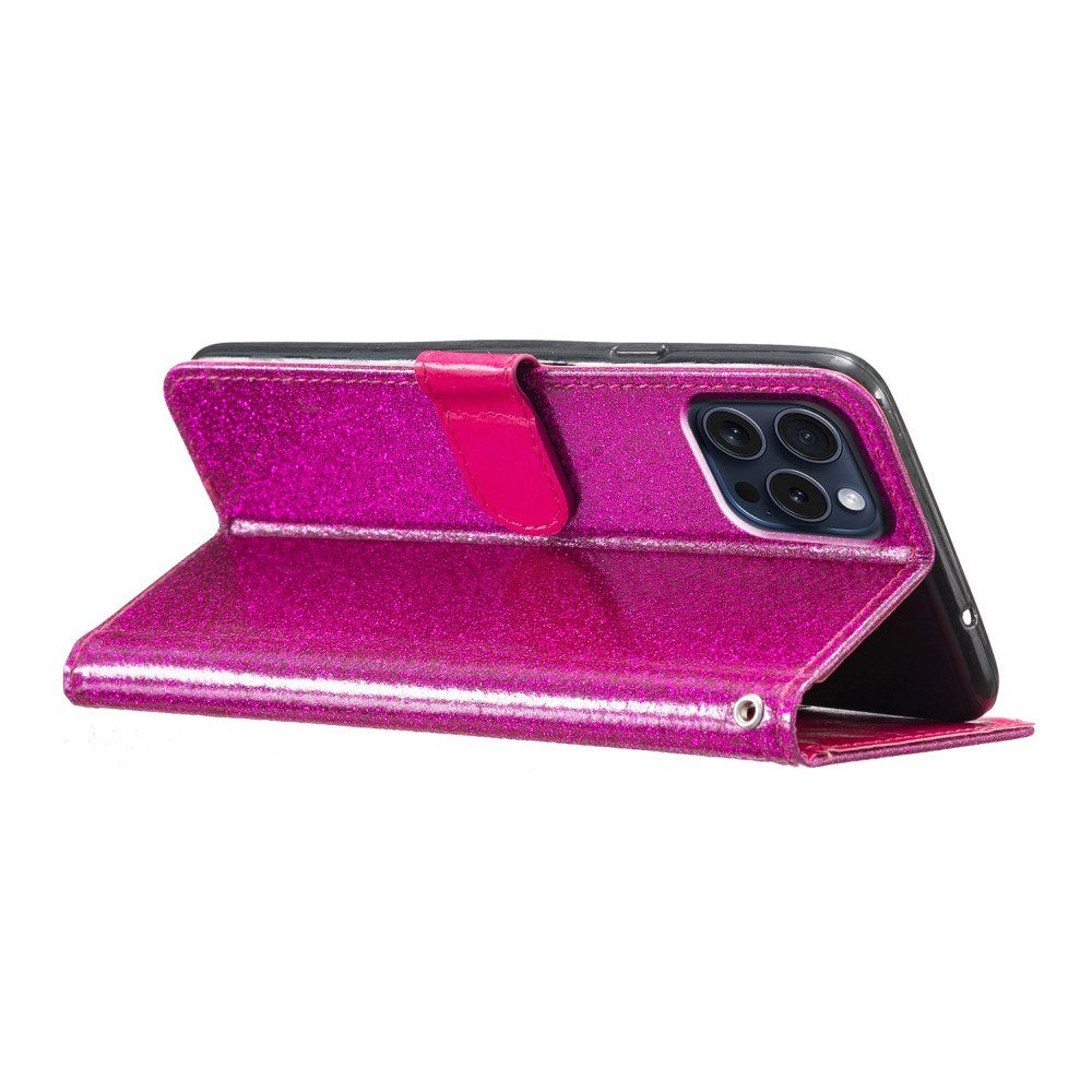 EIDERWOOD iPhone 16 Pro Leather Flip Cover m. Lommebok og stropp - Glitter - Rosa