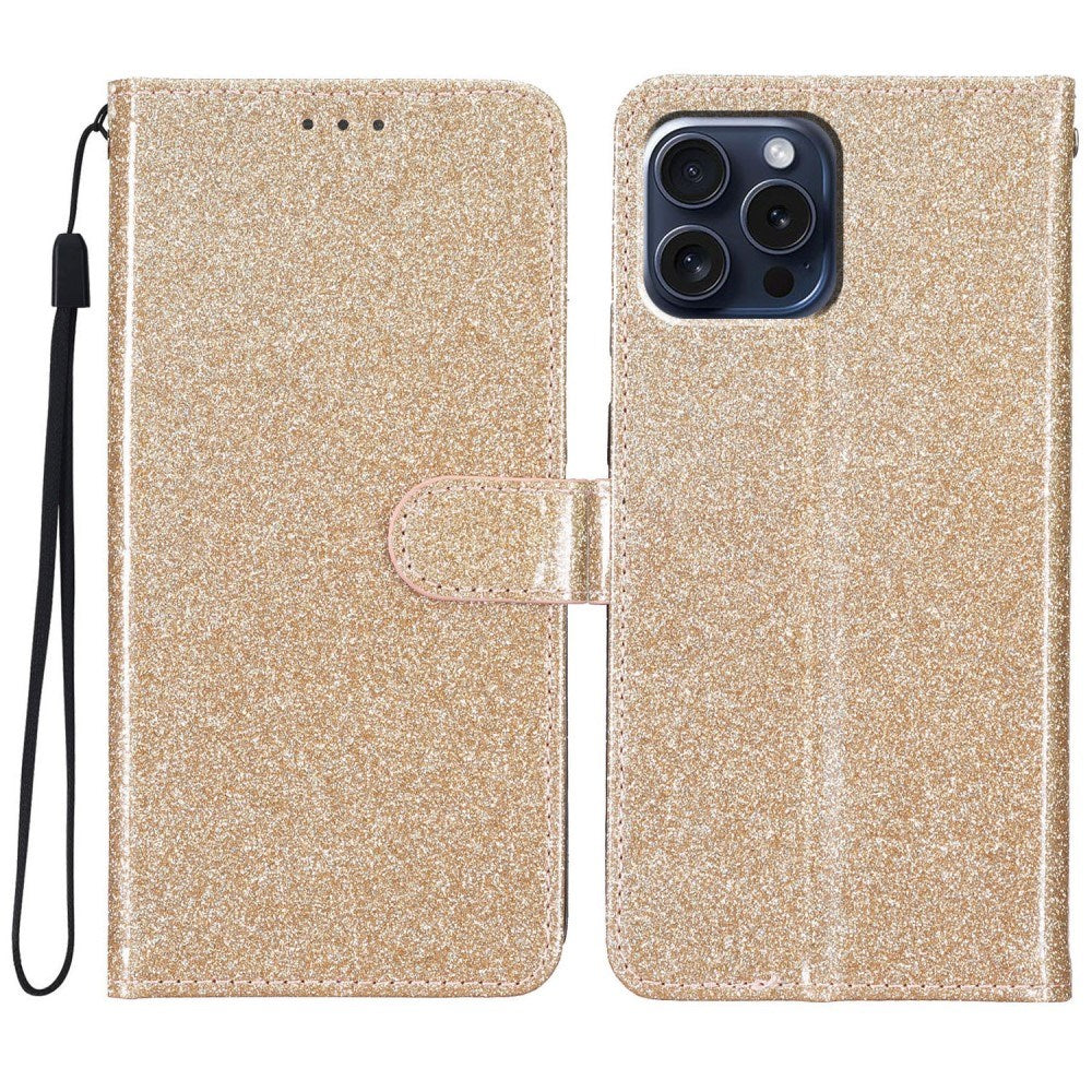 EIDERWOOD iPhone 16 Pro Leather Flip Cover m. Lommebok & stropp - Glitter - Gull