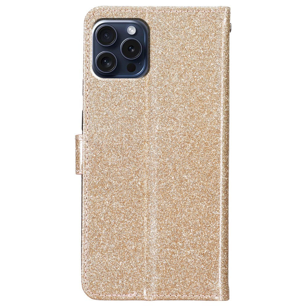 EIDERWOOD iPhone 16 Pro Leather Flip Cover m. Lommebok & stropp - Glitter - Gull