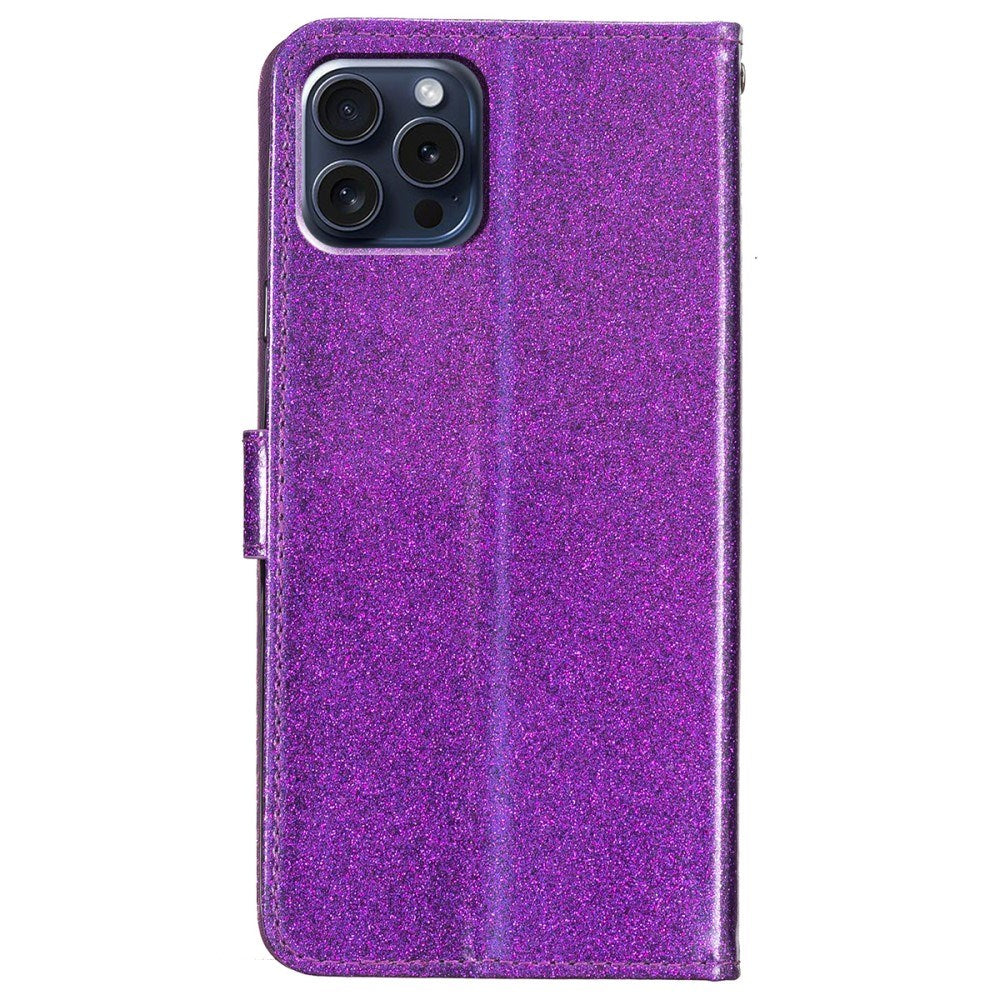 EIDERWOOD iPhone 16 Pro Leather Flip Cover m. Veske og stropp - Glitter - Lilla