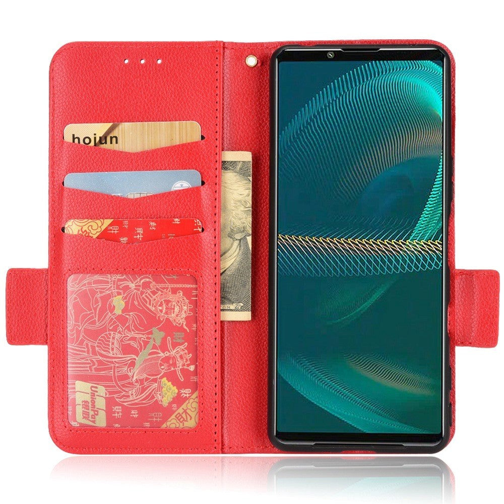 Sony Xperia 5 IV PU Litchi Leather Flip Cover m. Lommebok - Rød