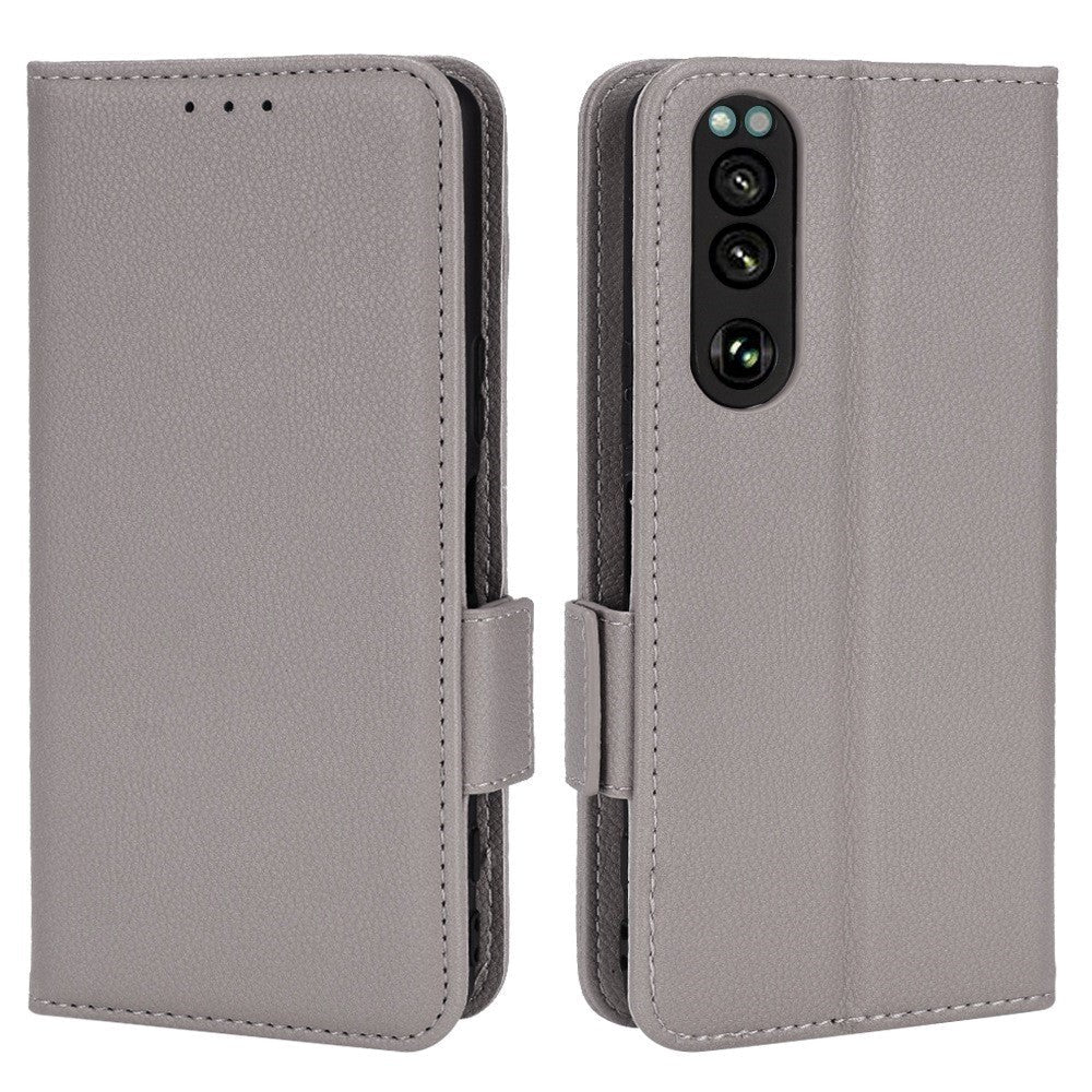 Sony Xperia 5 IV PU Litchi Leather Flip Cover m. Lommebok - Grå
