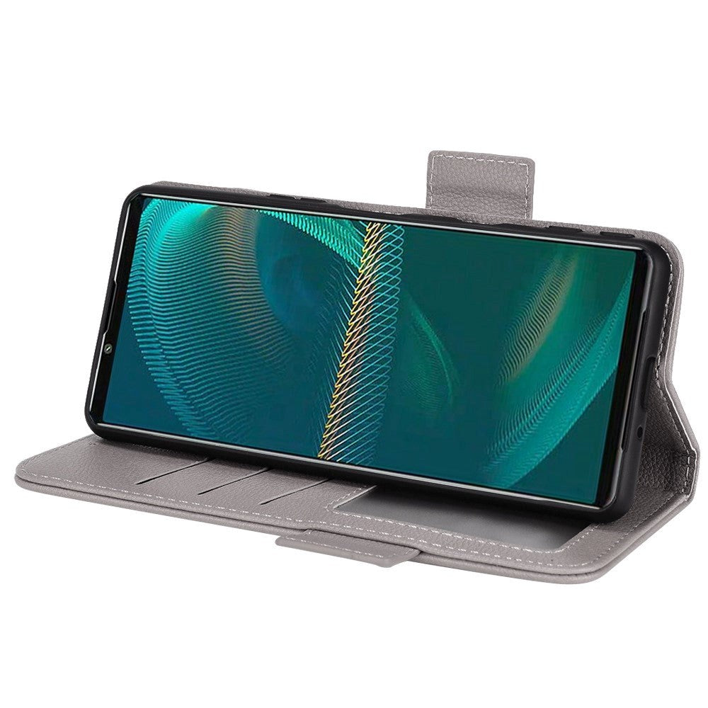 Sony Xperia 5 IV PU Litchi Leather Flip Cover m. Lommebok - Grå