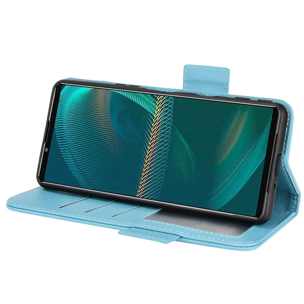 Sony Xperia 5 IV PU Litchi Leather Flip Cover m. Lommebok - Blå
