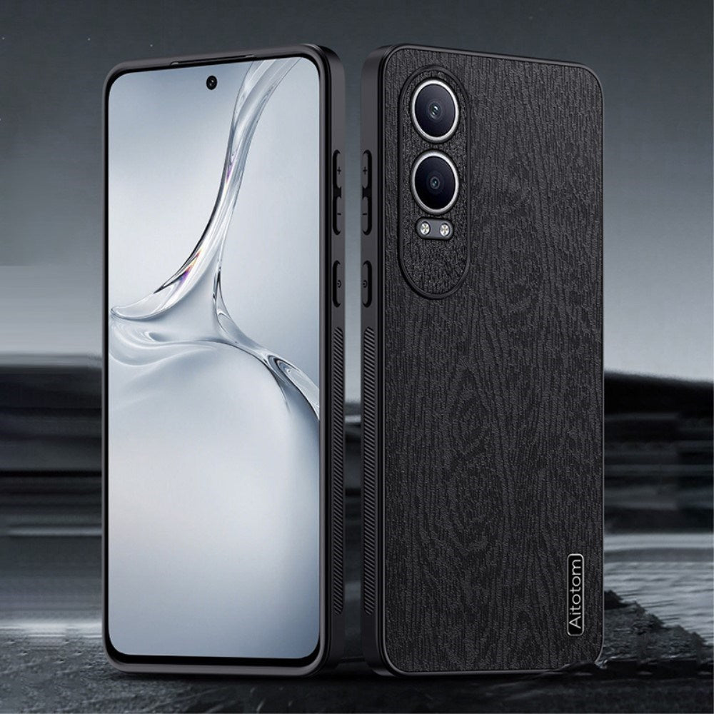 EIDERWOOD OnePlus Nord CE4 Lite (5G) Læderbetrukket Plastik Bagside Cover - Træ Tesktur - Sort