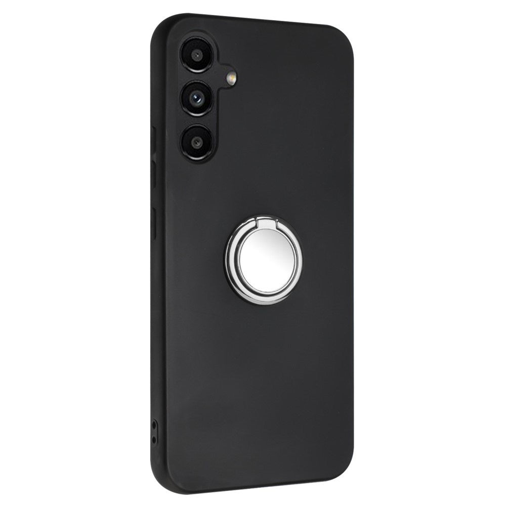 EIDERWOOD Samsung Galaxy S24 FE fleksibelt plastdeksel m. Magnetisk Ring Stativ - Svart m. Sølv ring