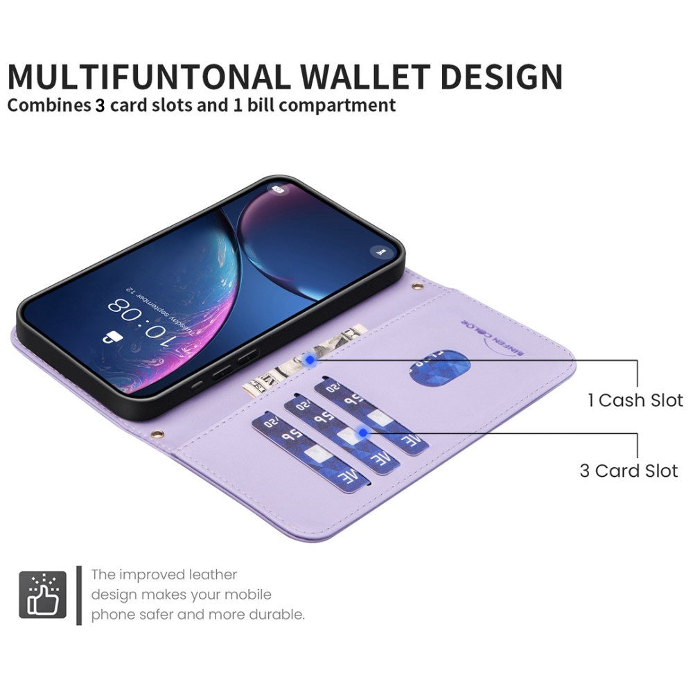 iPhone 16 Pro rutete skinn Flip mobildeksel m. Lommebok og stropp - Svart