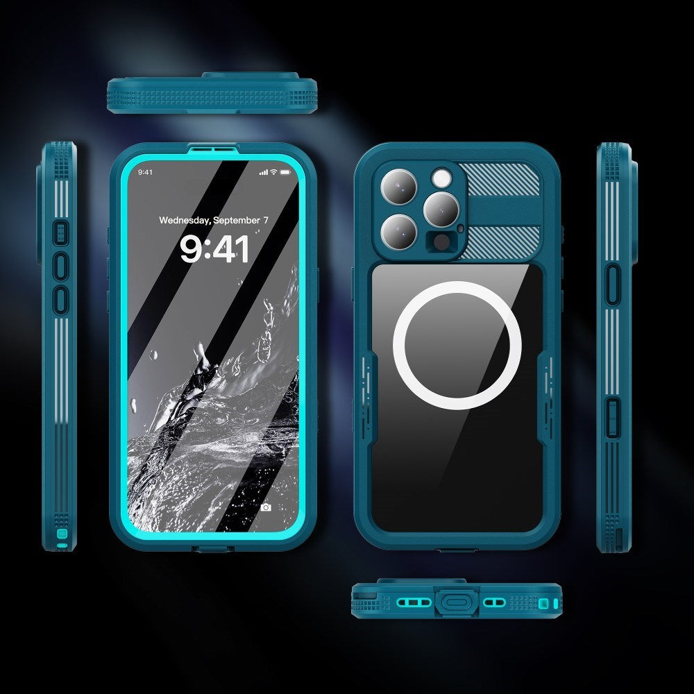 iPhone 16 Pro Max vanntett håndverker plastdeksel m. Skjermbeskytter og stropp - MagSafe-kompatibel - Gjennomsiktig / Blå