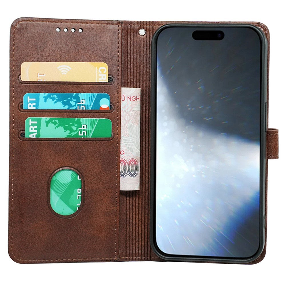 EIDERWOOD iPhone 16 Leather Flip Cover m. Stativ og lommebok - Brun