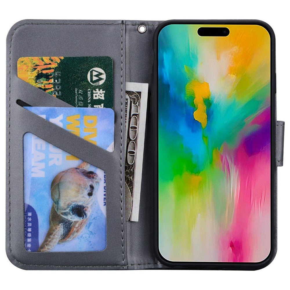 iPhone 16 Pro Kunstlæder Flip Cover m. Figur & Ståfunktion - Grå