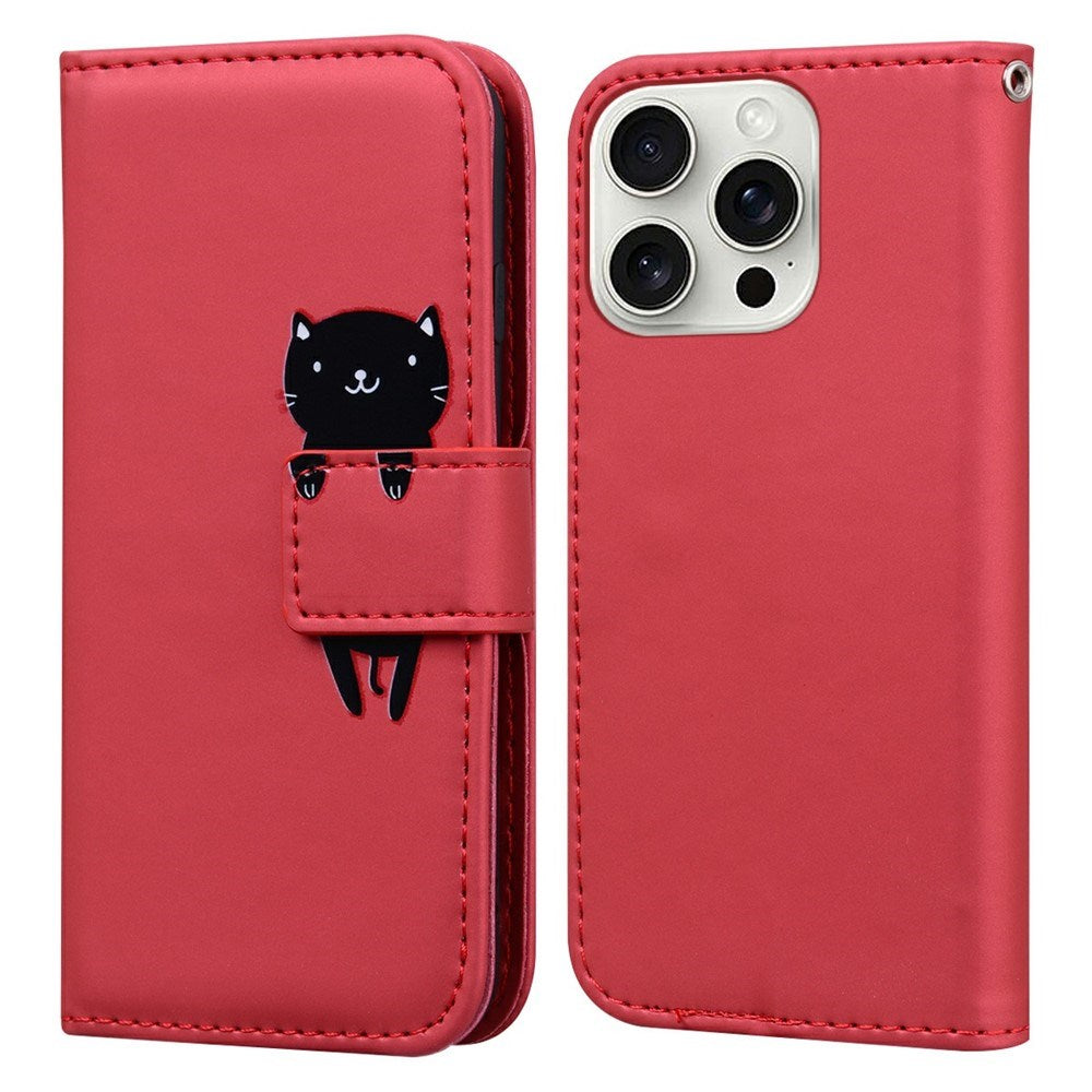 iPhone 16 Pro Kunstlæder Flip Cover m. Figur & Ståfunktion - Rød