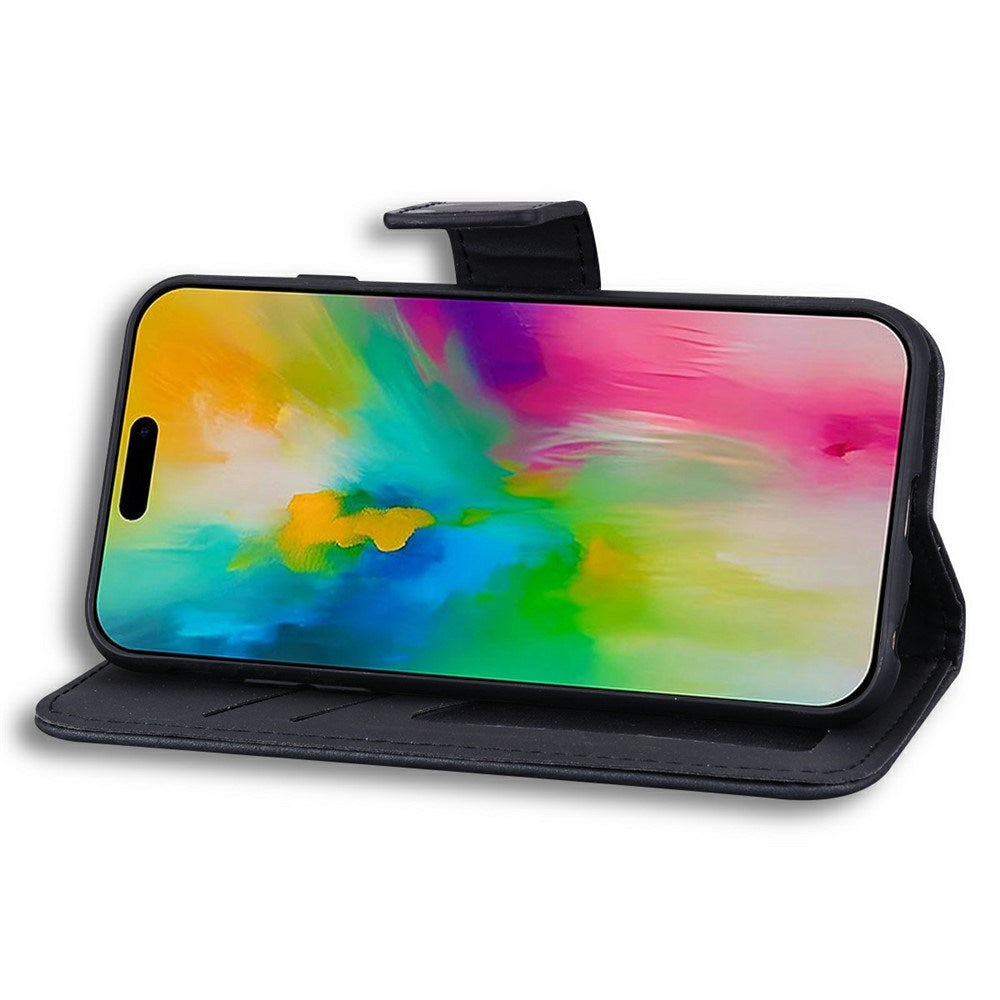 iPhone 16 Pro Kunstlæder Flip Cover m. Figur & Ståfunktion - Sort