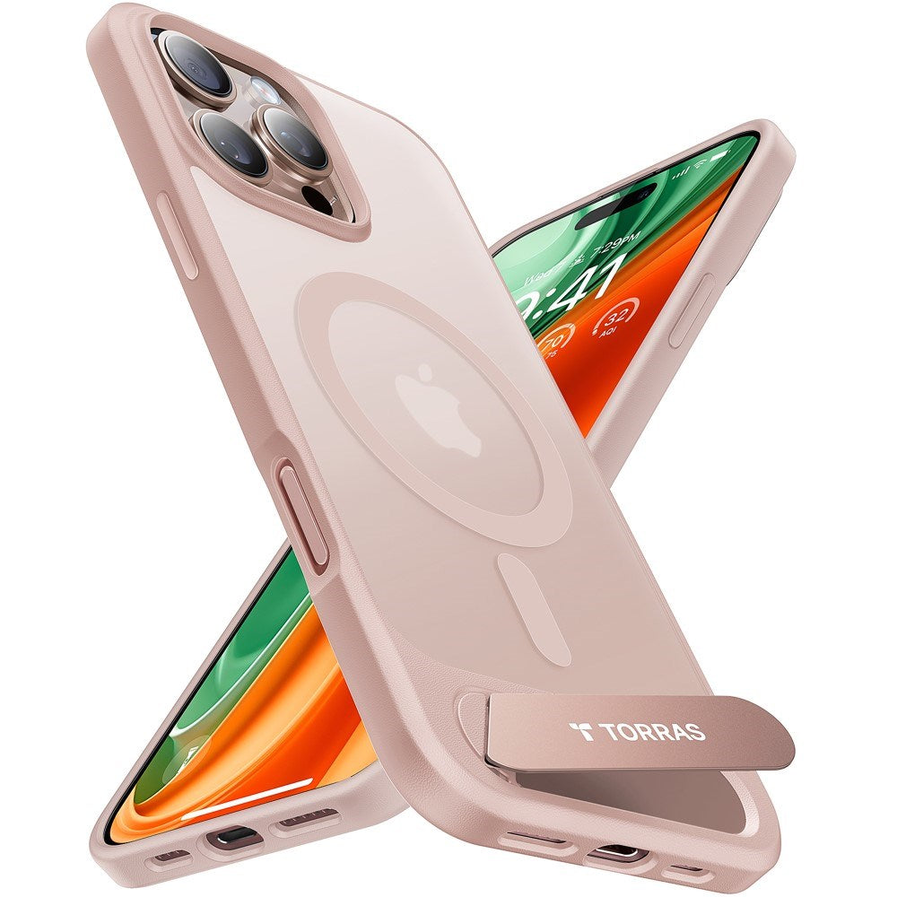 Torras iPhone 16 Pro Hybrid Bakdeksel m. Ståfunksjon - MagSafe-kompatibel - Rose Gold