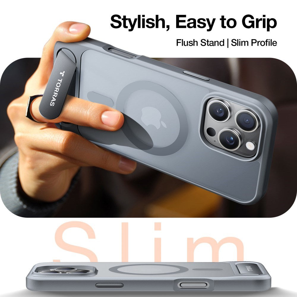 Torras iPhone 16 Pro Hybrid Bakdeksel m. Ståfunksjon - MagSafe-kompatibel - Grå