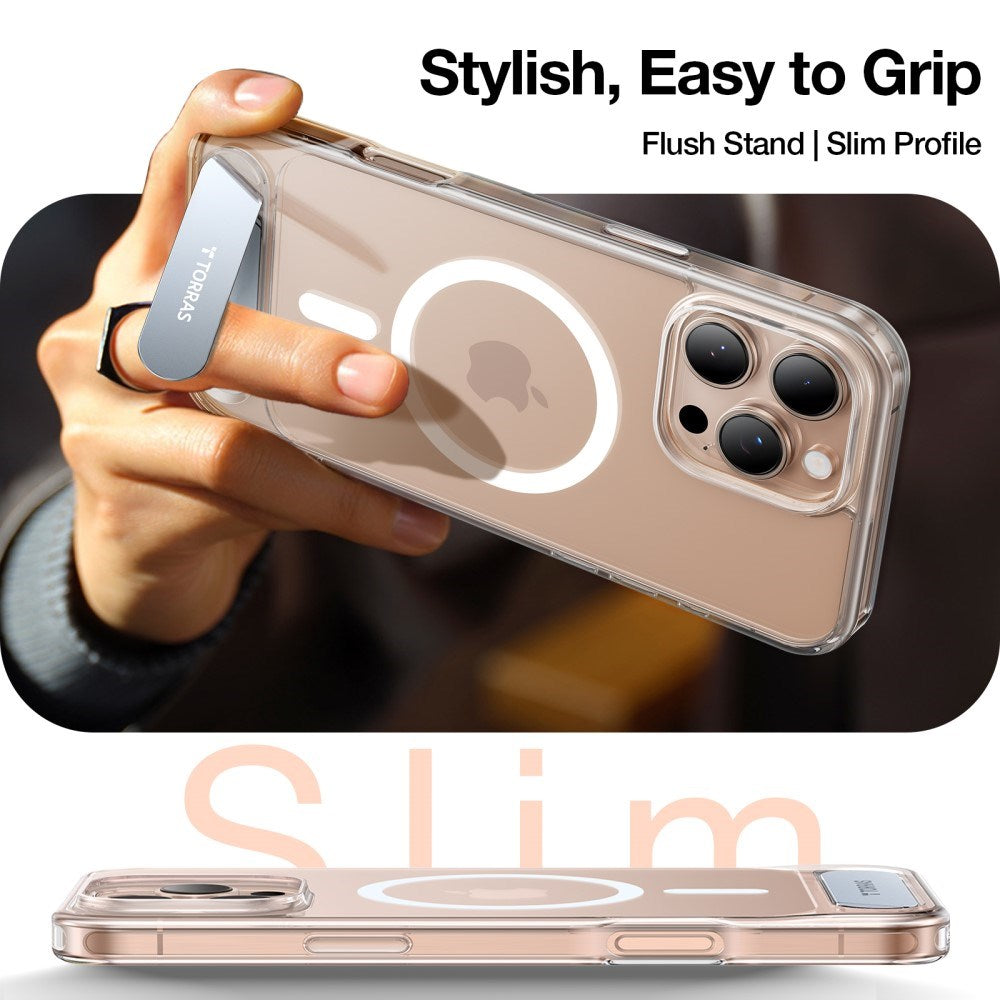 Torras iPhone 16 Pro Hybrid Bakdeksel m. Stativfunksjon - MagSafe-kompatibel - Gjennomsiktig