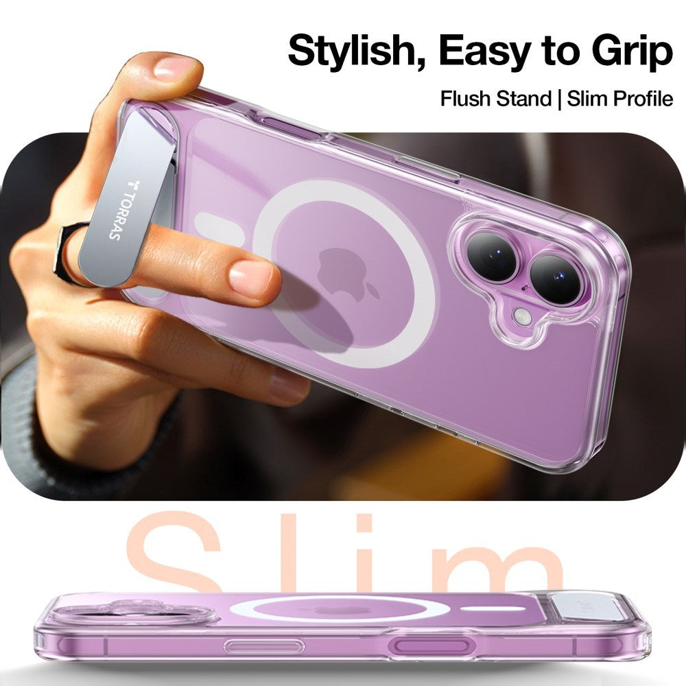 Torras iPhone 16 Hybrid Bakdeksel m. Stativfunksjon - MagSafe-kompatibel - Gjennomsiktig