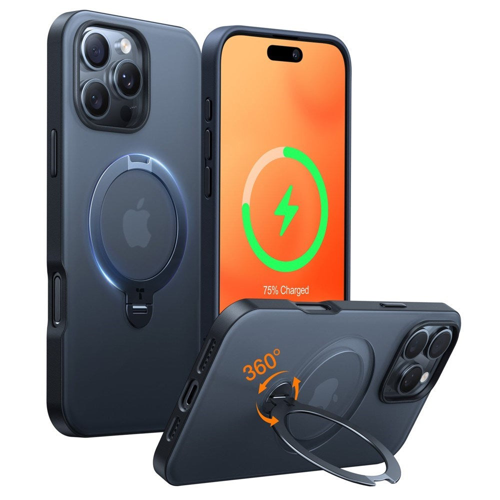 iPhone 16 Pro Torras fleksibelt plastdeksel med justerbart ringstativ - svart