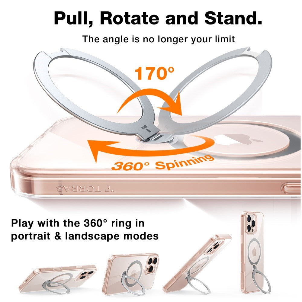 Torras iPhone 16 Pro Max Hybrid Plastic Bakdeksel m. Stativfunksjon - MagSafe-kompatibel - Gjennomsiktig