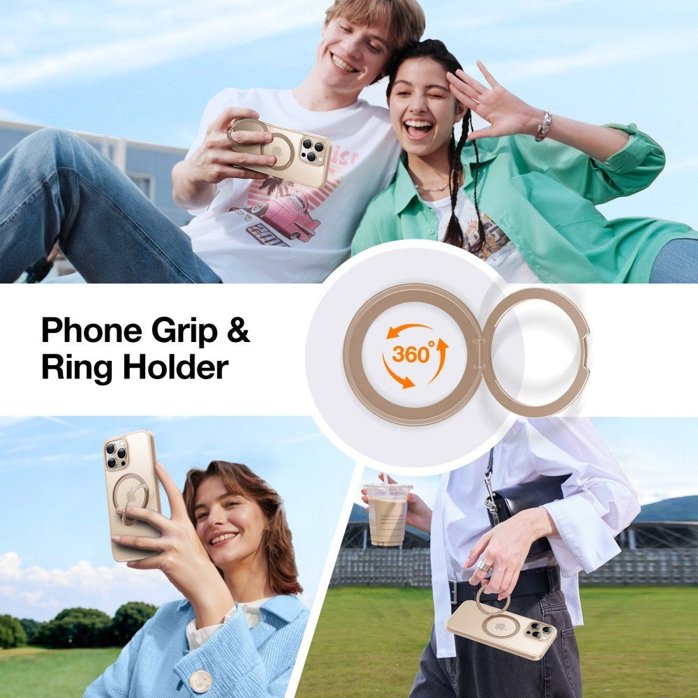 iPhone 16 Pro Torras fleksibelt plastdeksel med justerbart ringstativ - MagSafe-kompatibel - Gull / Gjennomsiktig
