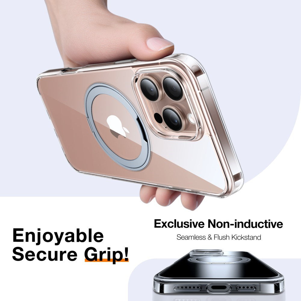 iPhone 16 Pro Torras fleksibelt plastdeksel med justerbart ringstativ - MagSafe-kompatibel - Gjennomsiktig