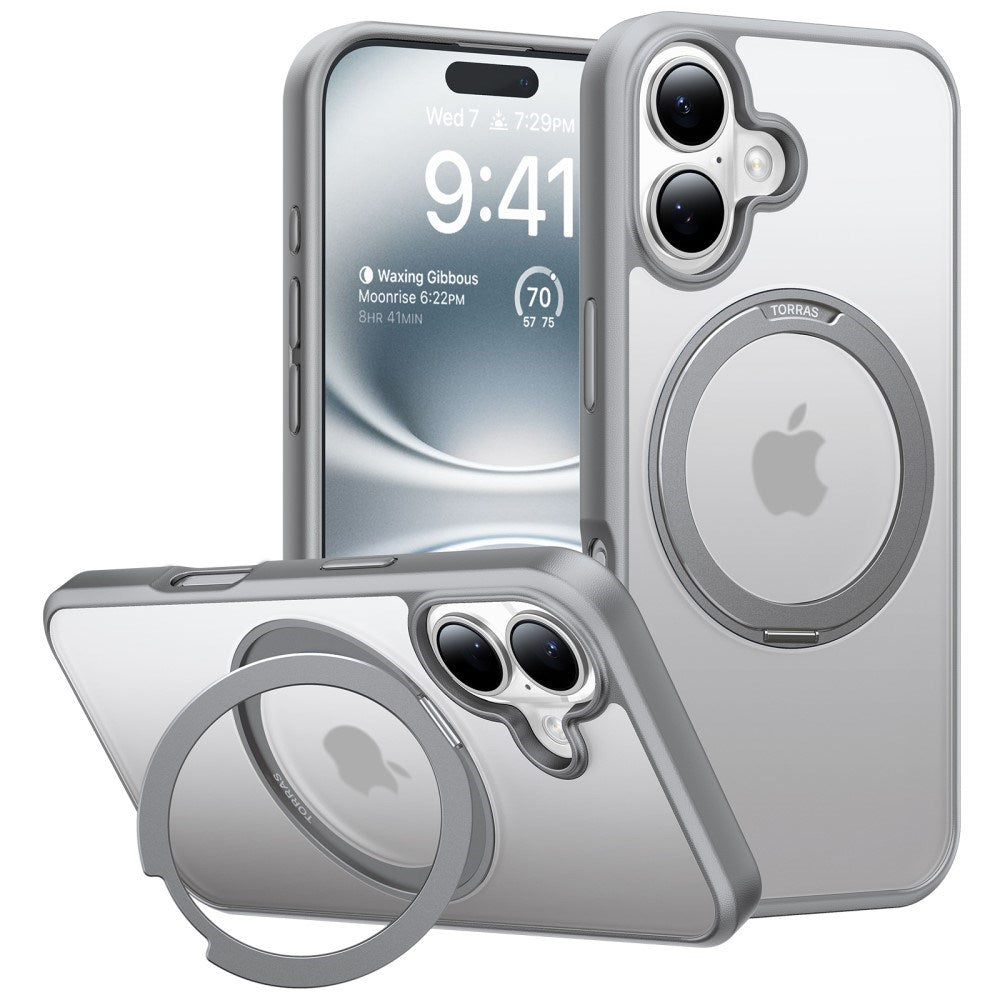 Torras iPhone 16 fleksibelt plastdeksel med justerbart ringstativ - sølv