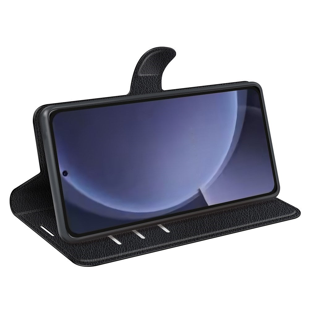 EIDERWOOD Samsung Galaxy S25+ (Plus) Støtsikkert lommebokdeksel i lær med Litchi-tekstur - svart