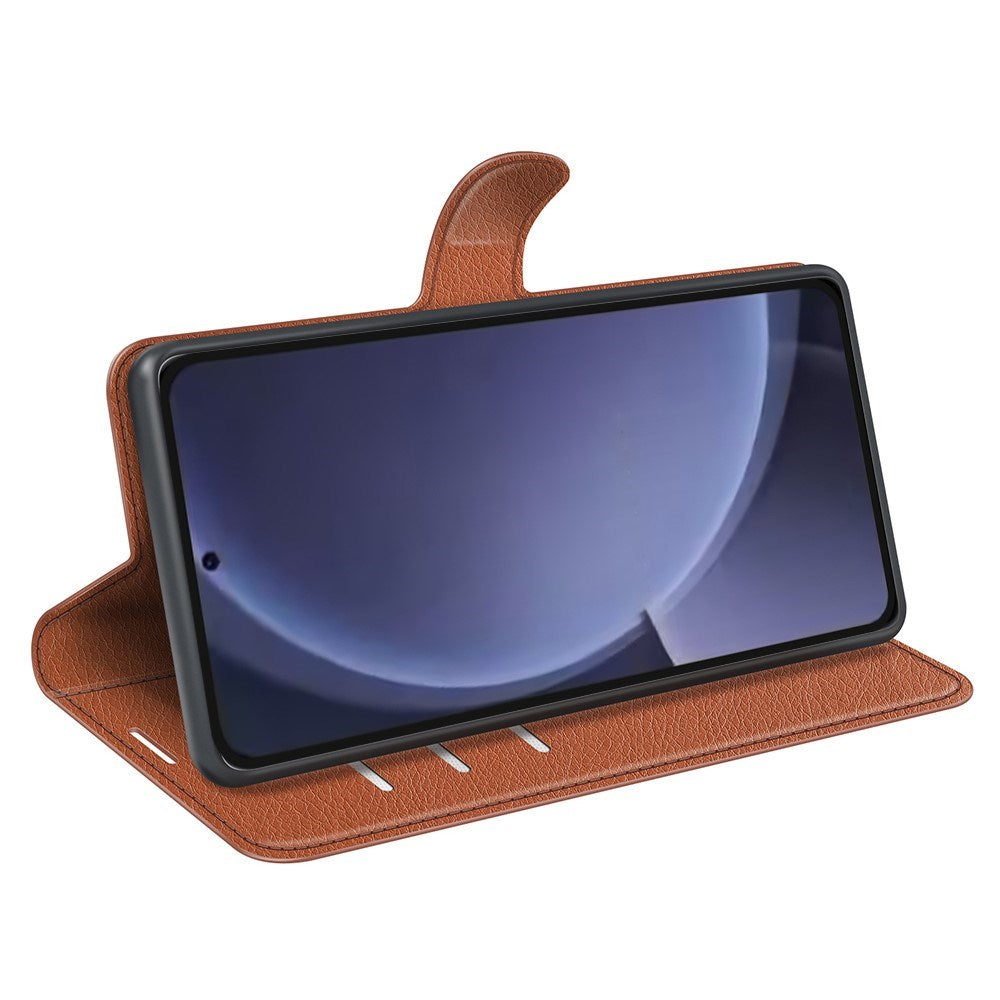 EIDERWOOD Samsung Galaxy S25+ (Plus) Støtsikkert lommebokdeksel i skinn med Litchi-tekstur - Brun